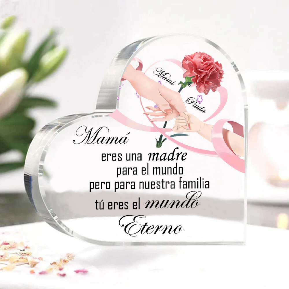 A mi mamá-Placa de acrílico en forma de corazón manos cogidas y frases amorosos 2 nombres personalizados-Jessemade ES