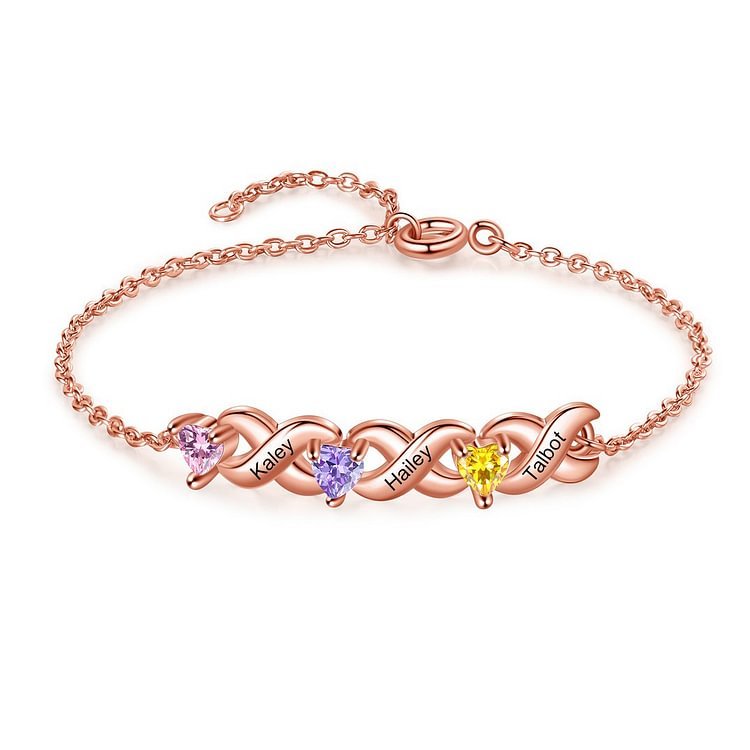 Pulsera infinito personalizada con 3 nombres y 3 piedras de nacimiento de corazón-Jessemade ES