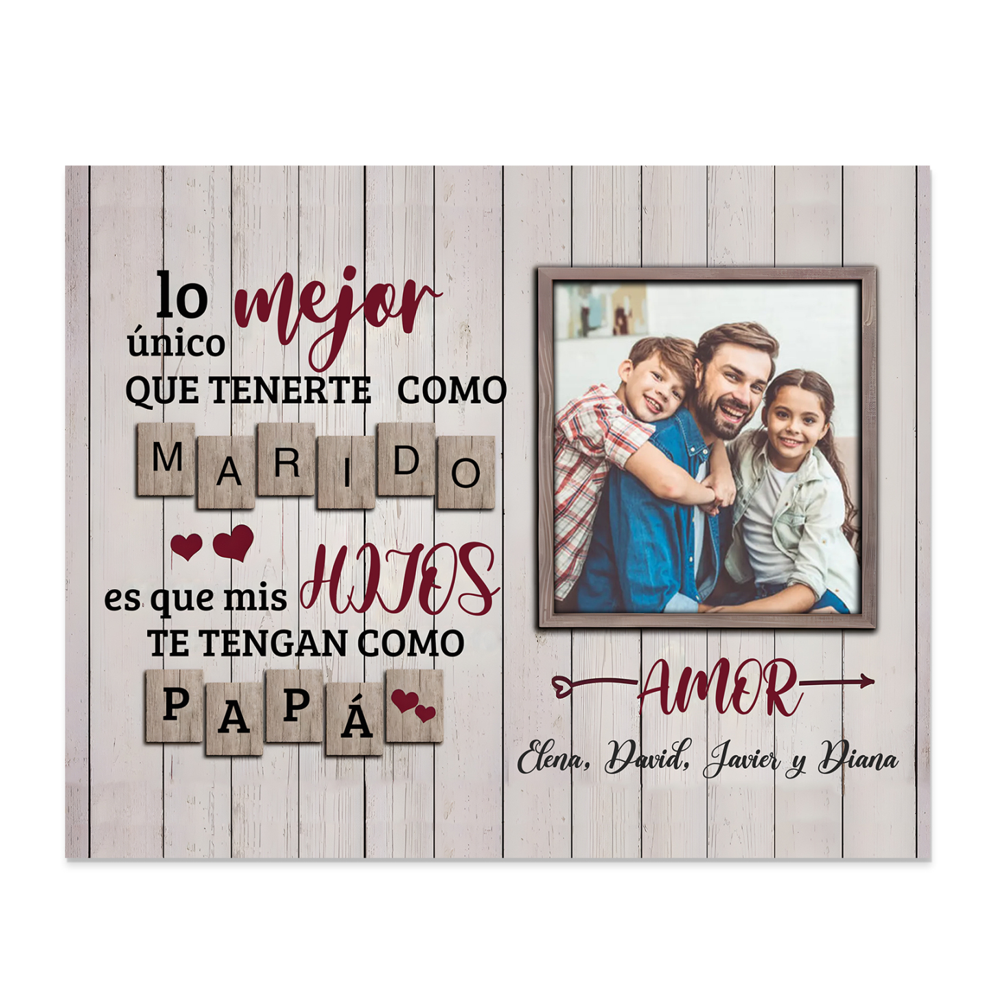Feliz Día del Padre a mi marido - Lámina marco de madera 1 texto personalizado con 1 foto-Jessemade ES