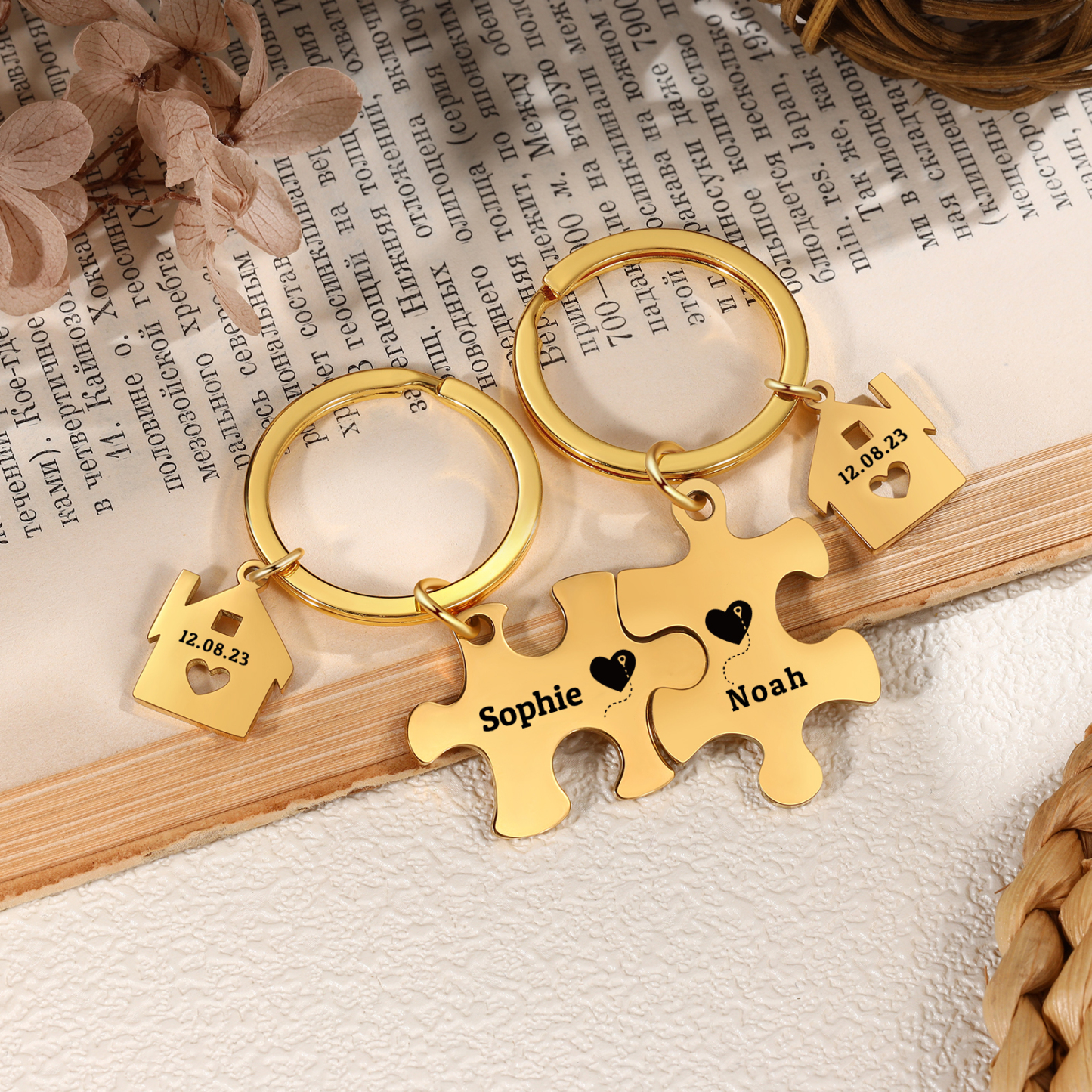 Llavero para pareja rompecabezas 2 nombres personalizados con fecha dije de casa-Jessemade ES