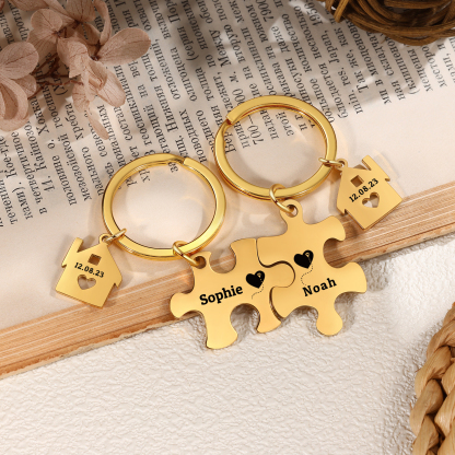 Llavero para pareja rompecabezas 2 nombres personalizados con fecha dije de casa-Jessemade ES