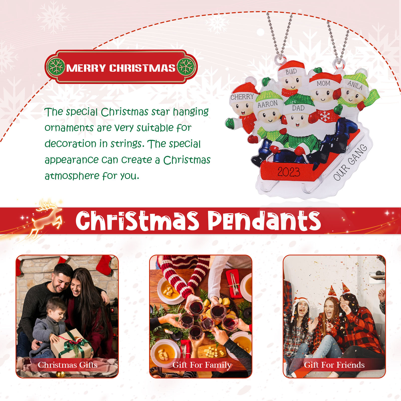 Navidad-Ornamentos Navideños de Acrílico Carro de Esquí 6 Nombres con Texto y Año Personalizados