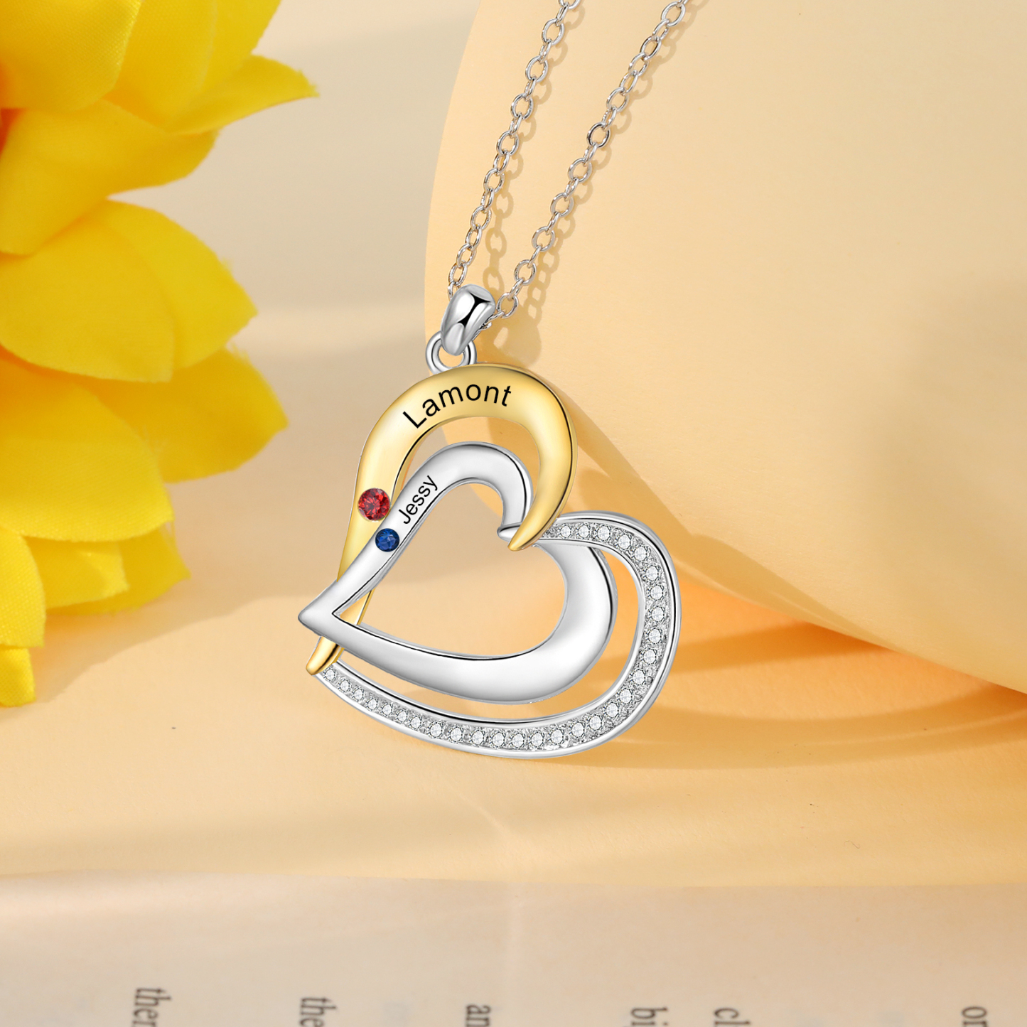 Collar de corazón de plata 925 con 2 nombres y piedras de nacimiento personalizados-Jessemade ES