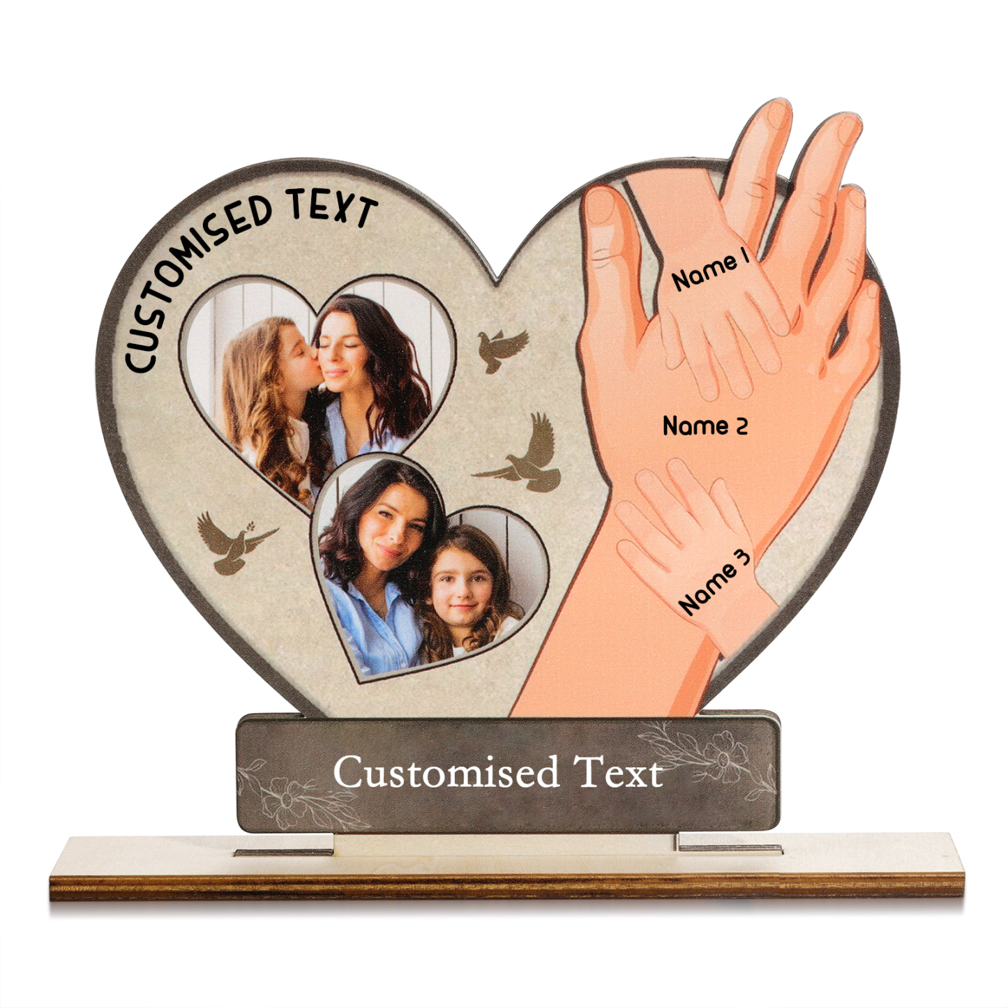 Adorno de madera en forma de corazón para madre e hij@s con 2 fotos, 3 nombres y 2 textos-Jessemade ES