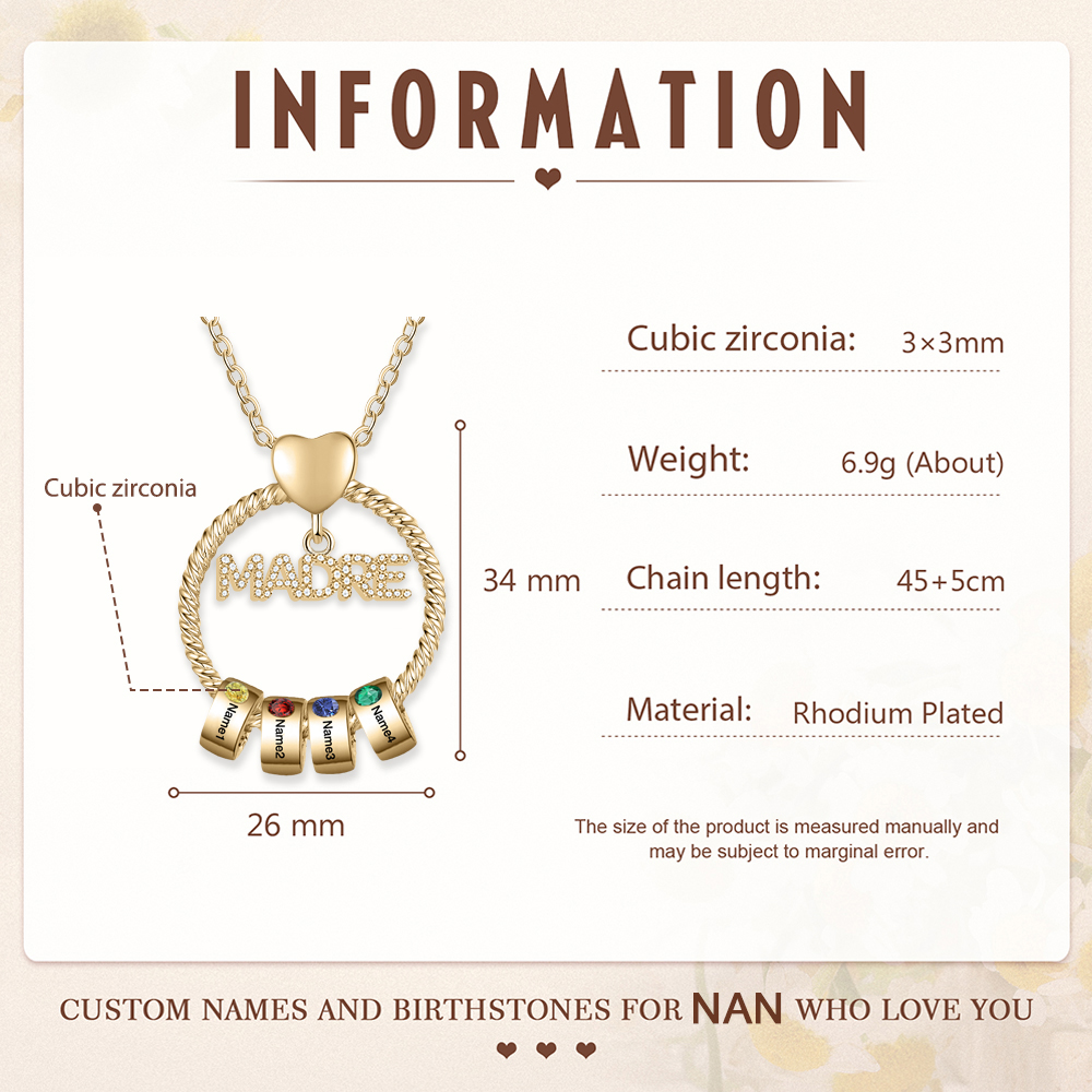 Collar con colgante de "MADRE" con 4 nombres y 4 piedras de nacimiento personalizados | Jessemade-Jessemade ES