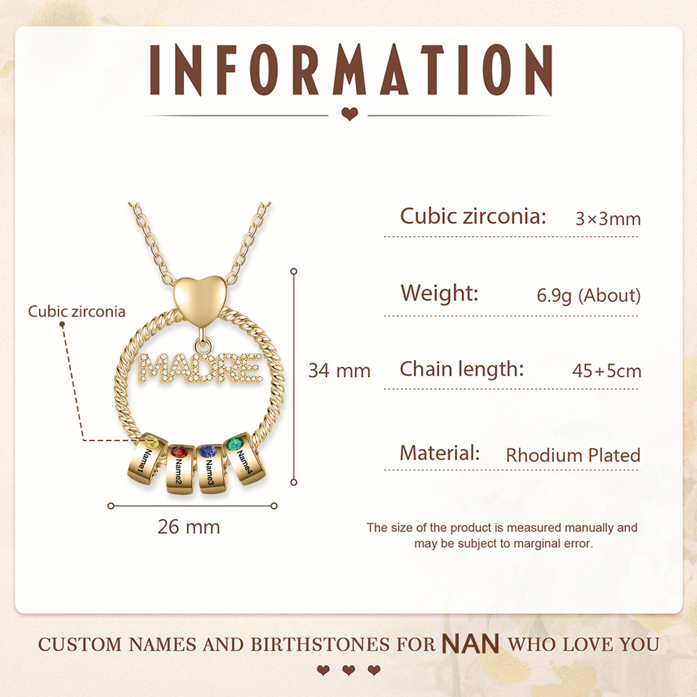 Collar con colgante de "MADRE" con 4 nombres y 4 piedras de nacimiento personalizados | Jessemade-Jessemade ES