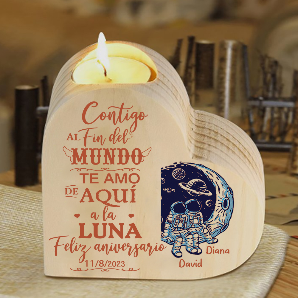 Aniversario-Candelero de madera para pareja con texto amoroso y luna sin vela personalizado con nombres y fecha-Jessemade ES