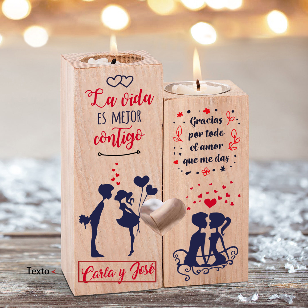 Candelero para pareja de madera de dos piezas sin candela con texto personalizado-Jessemade ES