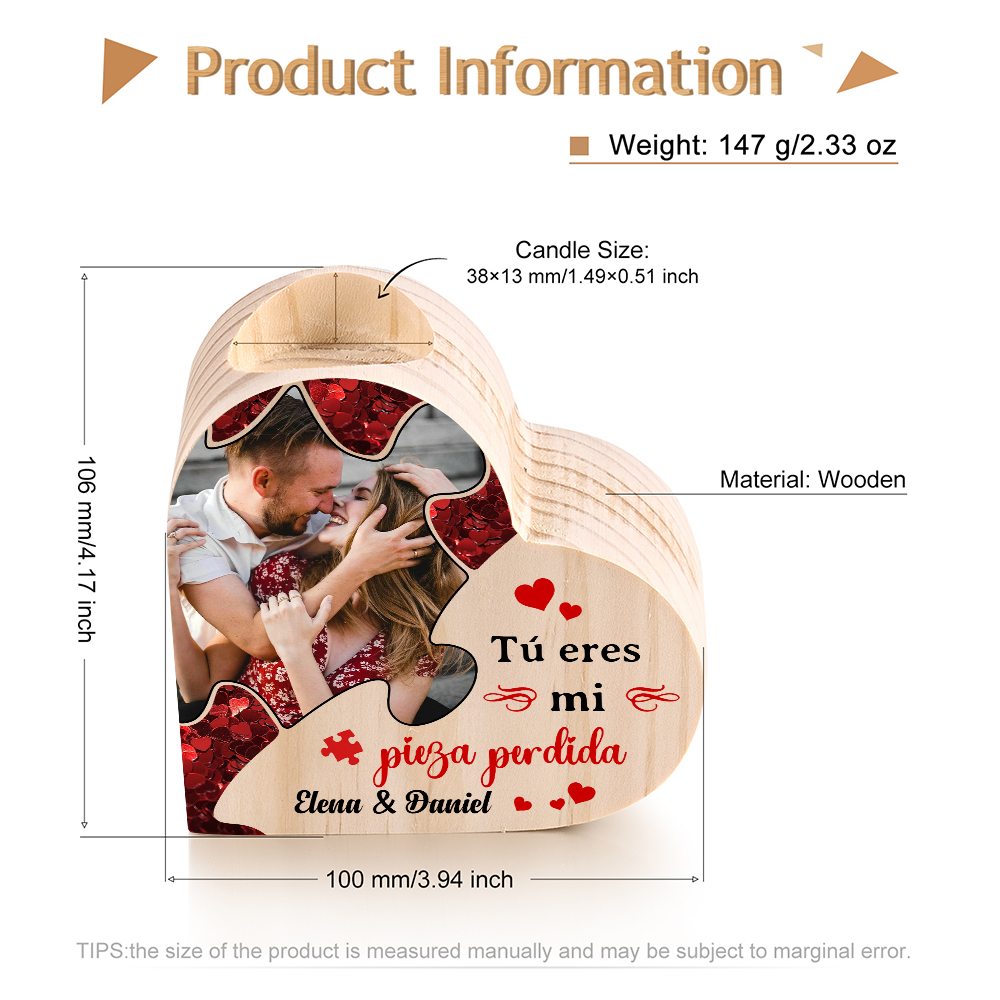 Candelero de madera para pareja con foto sin vela personalizado con 2 nombres-Jessemade ES