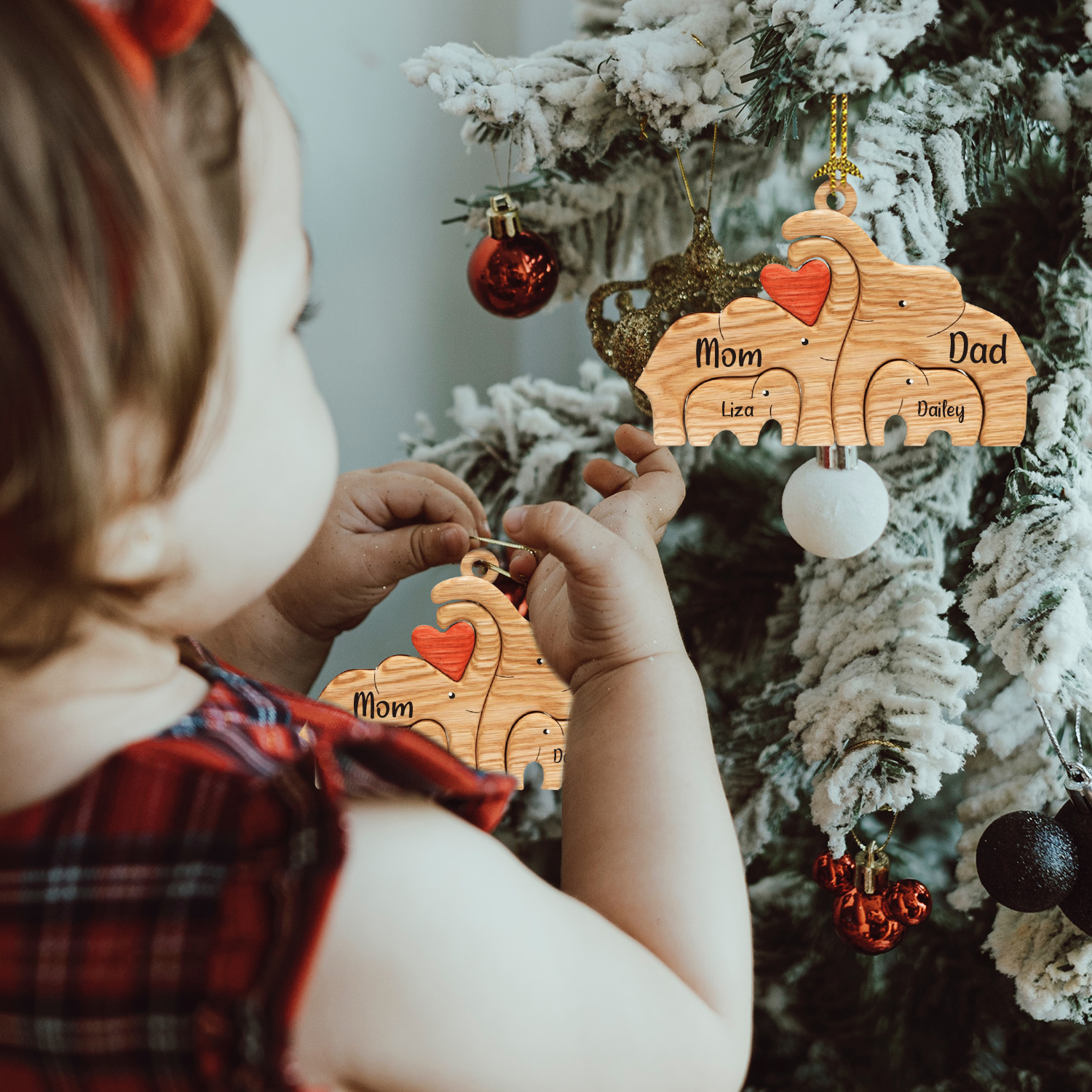 Navidad-Ornamento muñecos navideño de madera familia de elefantes 4 nombres personalizados adorno del árbol-Jessemade ES