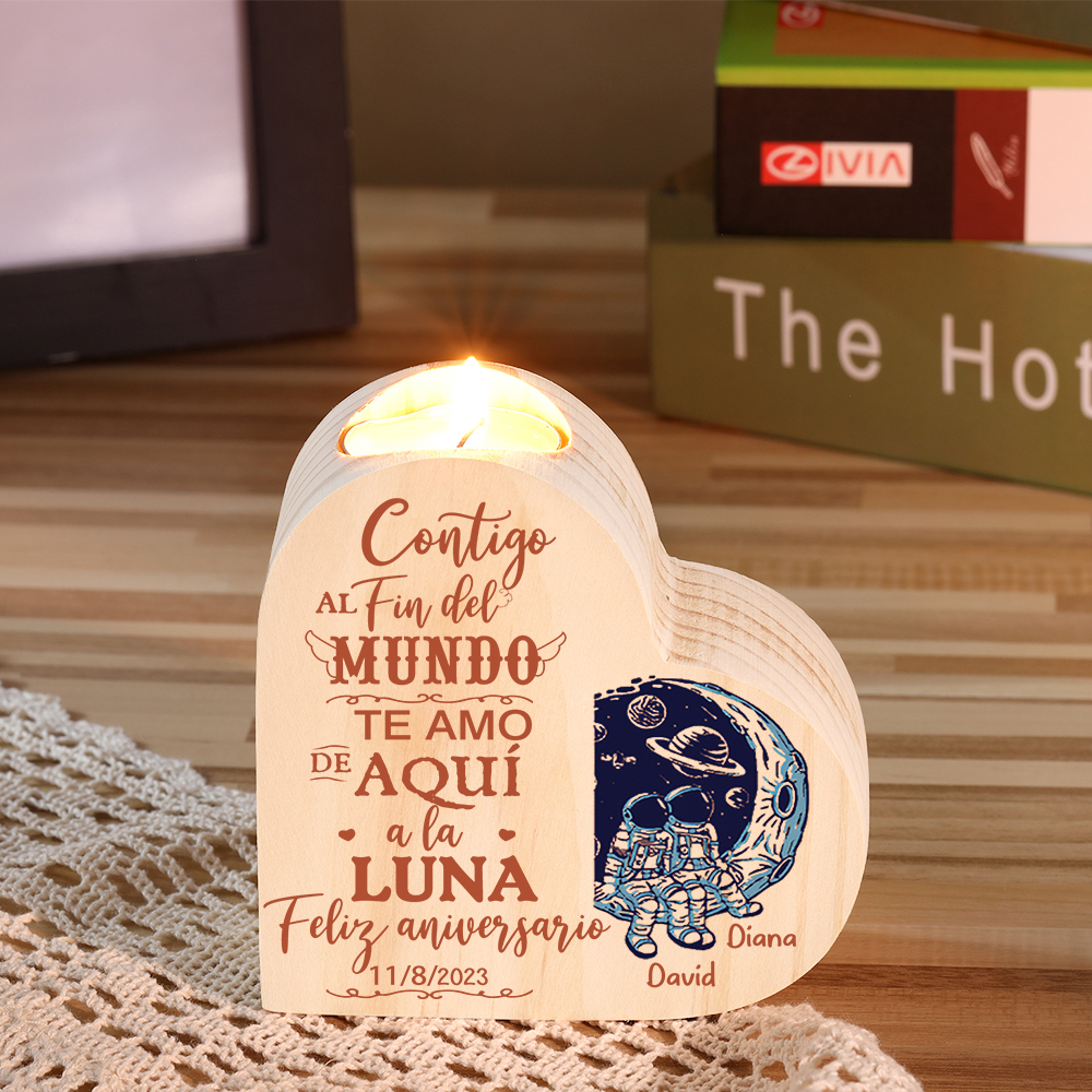 Aniversario-Candelero de madera para pareja con texto amoroso y luna sin vela personalizado con nombres y fecha-Jessemade ES