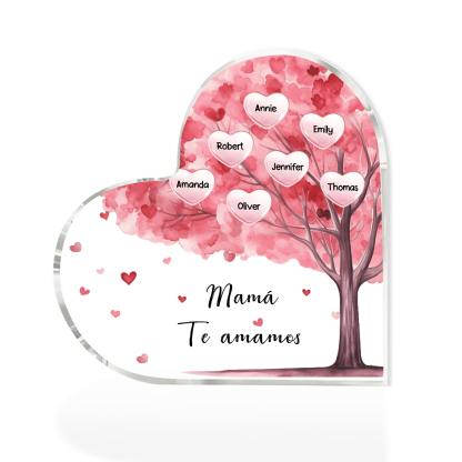 A mi mamá/abuela-Placa de acrílico "Árbol" en forma de corazón 8 nombres y 1 texto personalizados-Jessemade ES