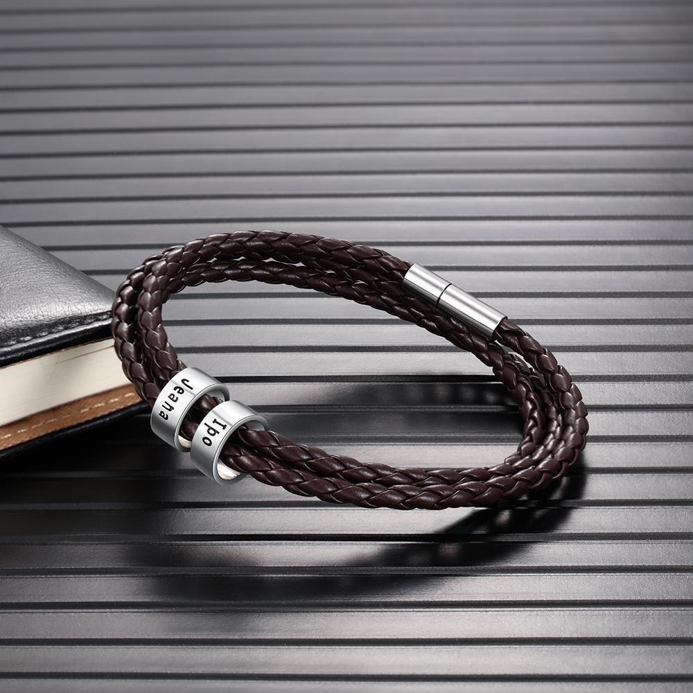 Pulsera de cuero trenzado personalizada con 2 nombres en 2 cuentas-Jessemade ES