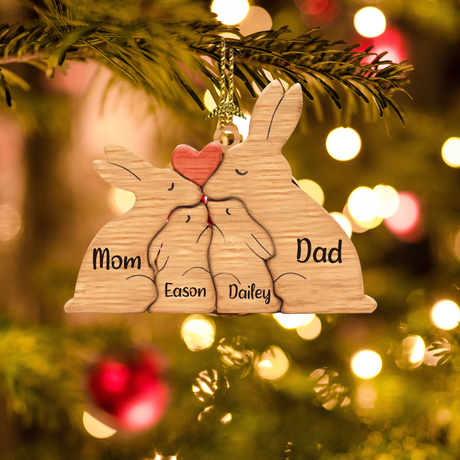 Navidad-Ornamento muñecos navideño de madera familia de conejos 4 nombres personalizados adorno del árbol-Jessemade ES