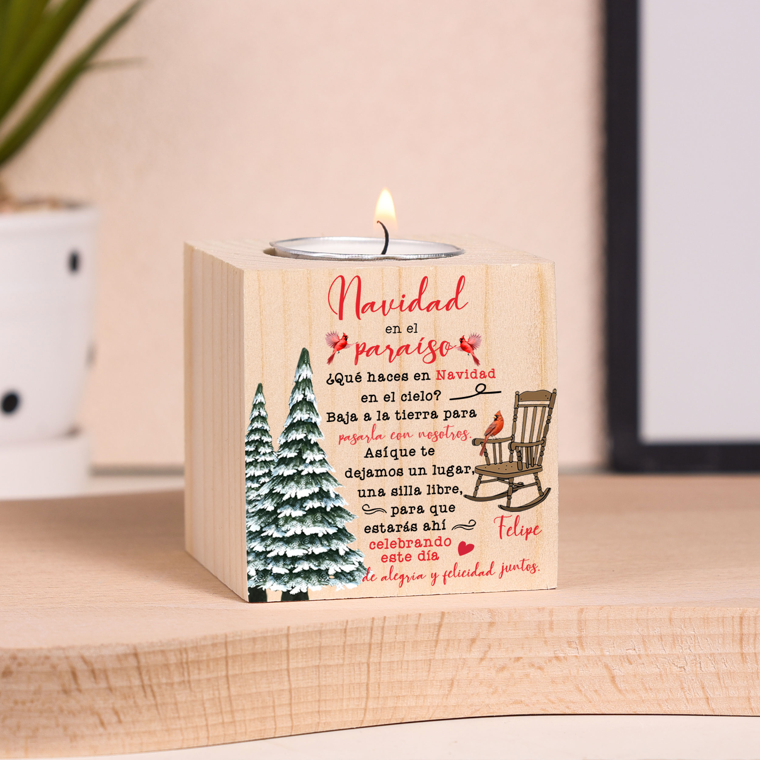 Navidad en el paraíso-Candelero en memoria de ser querido personalizado con nombre de madera sin vela-Jessemade ES