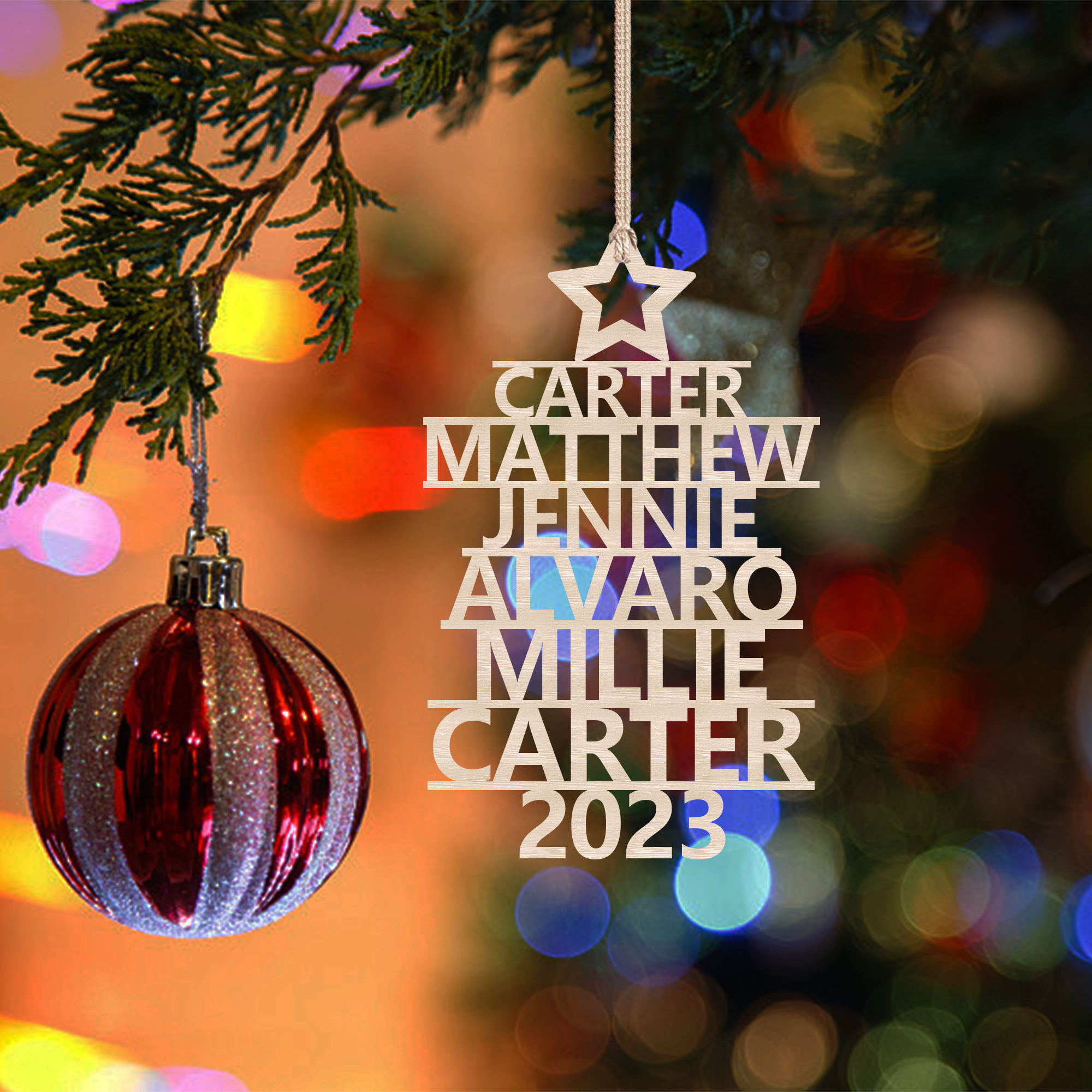 Navidad-Ornamento navideño de madera árbol de nombres con 6 nombres y año personalizados