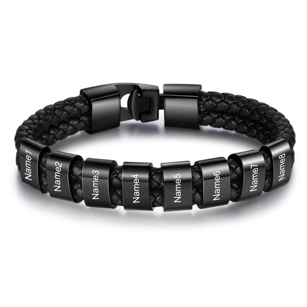 A mi papá-Pulsera de cuero trenzado Pulsera de hombre con 8 aros personalizados con 8 nombres-Jessemade ES