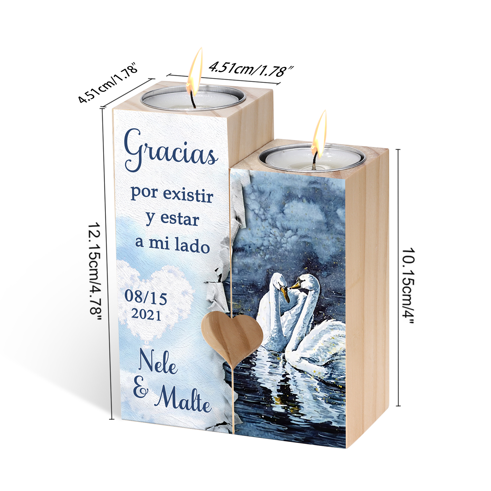 Candelero para pareja de madera de dos piezas sin candela con 2 nombres y fecha personalizados-Jessemade ES