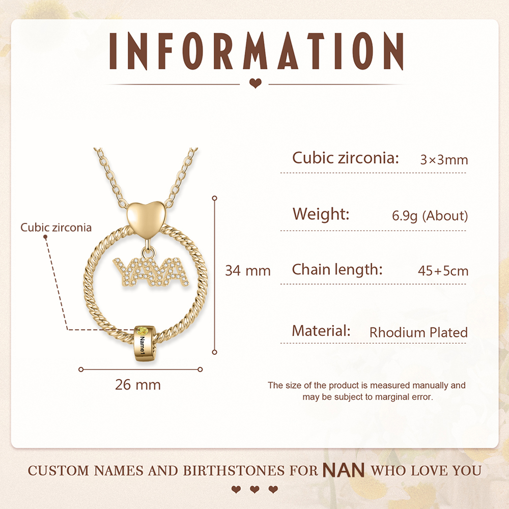 A mi abuela-Collar 1-5 nombres y piedras de nacimiento personalizados con colgante de "YAYA" color oro | Jessemade-Jessemade ES
