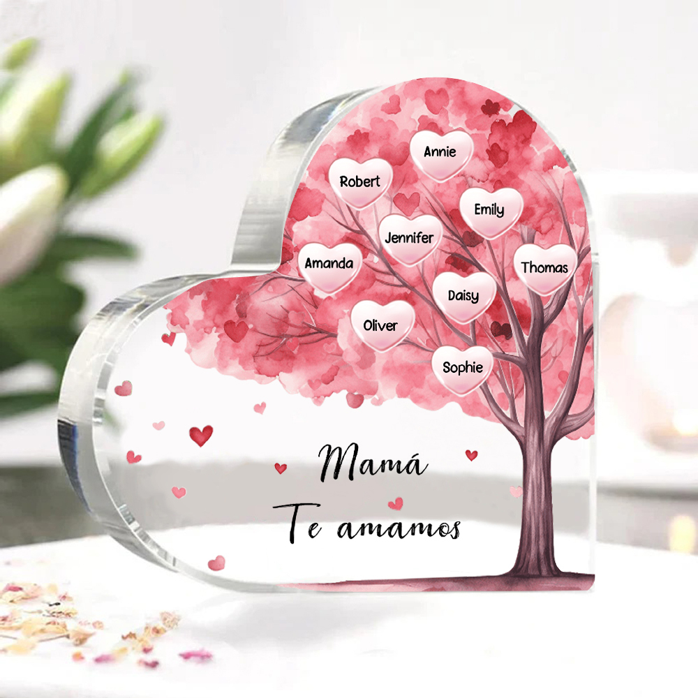 A mi mamá/abuela-Placa de acrílico "Árbol" en forma de corazón 9 nombres y 1 texto personalizados-Jessemade ES