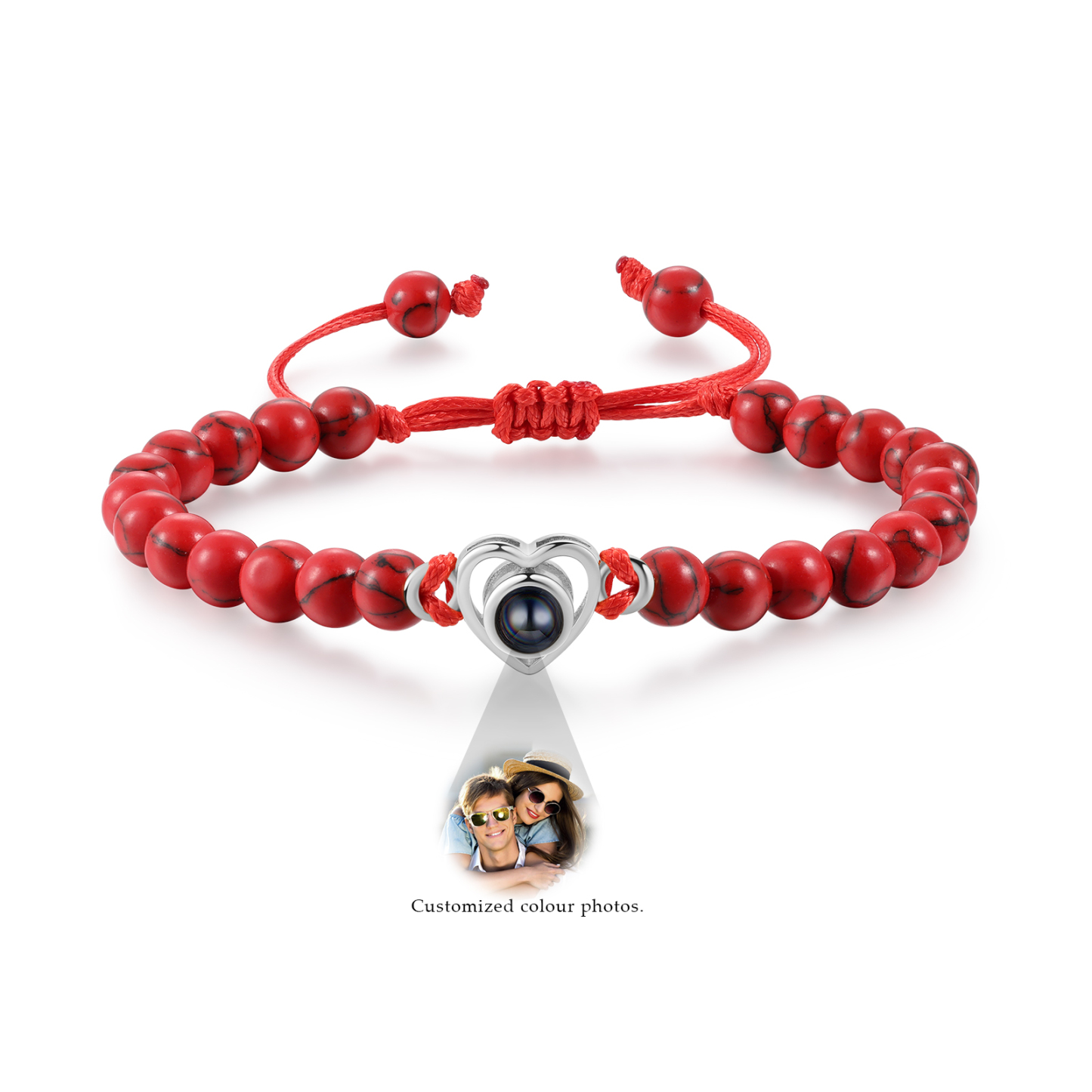 Pulsera de turquesa roja sintética con proyección de foto en color con dije de corazón pulsera ajustable-Jessemade ES