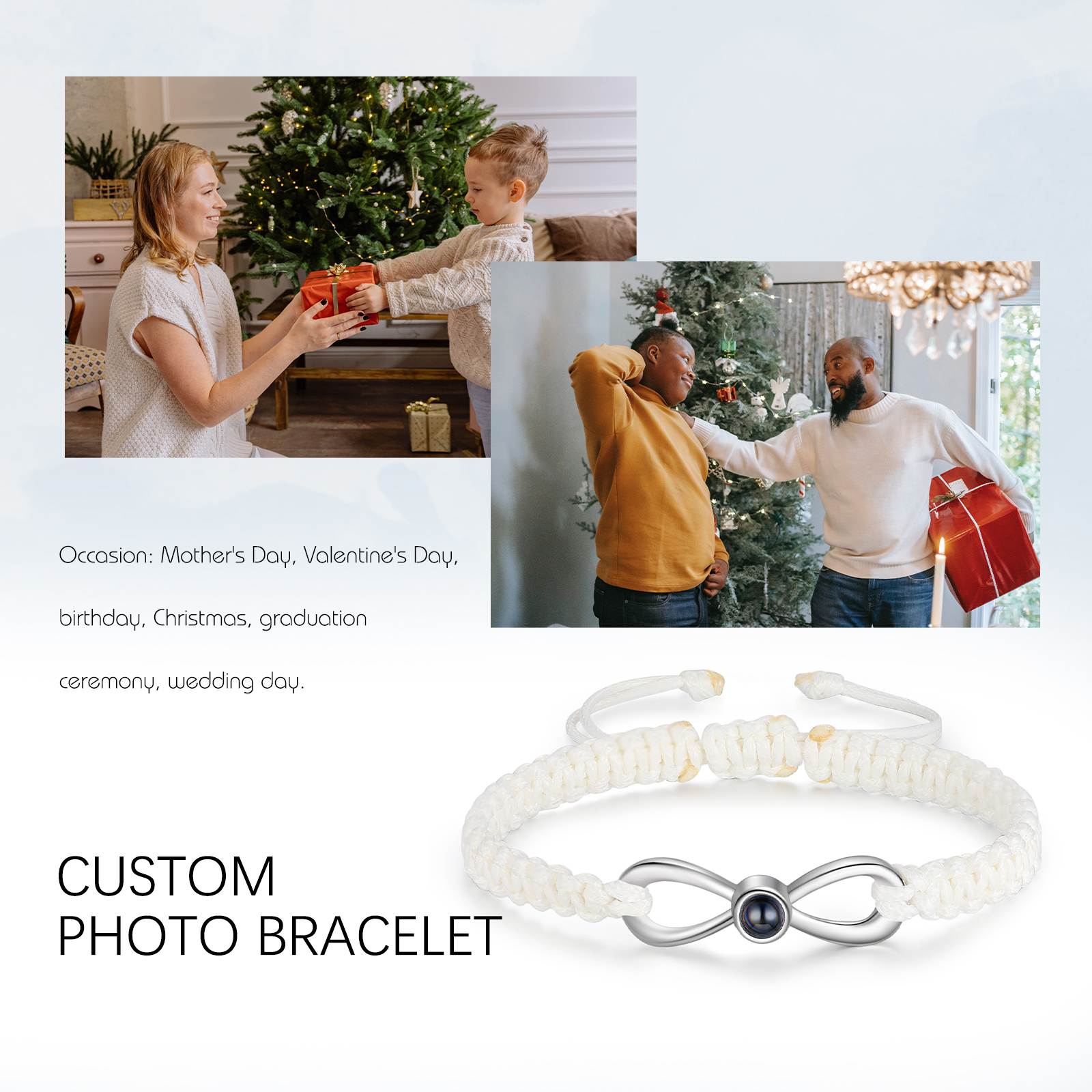 Pulsera con proyección de foto en color con dije de lazo y 3 colores de cuerda ajustable-Jessemade ES