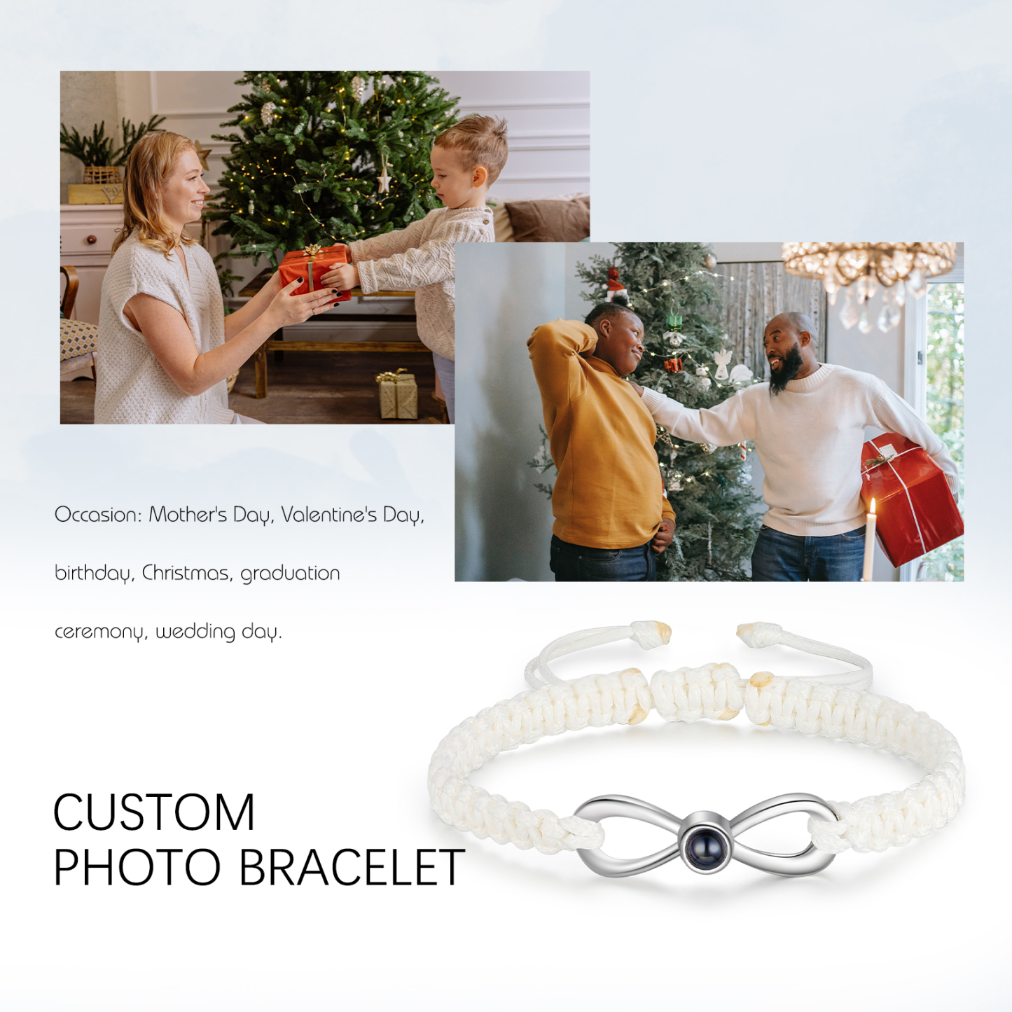 Pulsera con proyección de foto en color con dije de lazo y 3 colores de cuerda ajustable-Jessemade ES