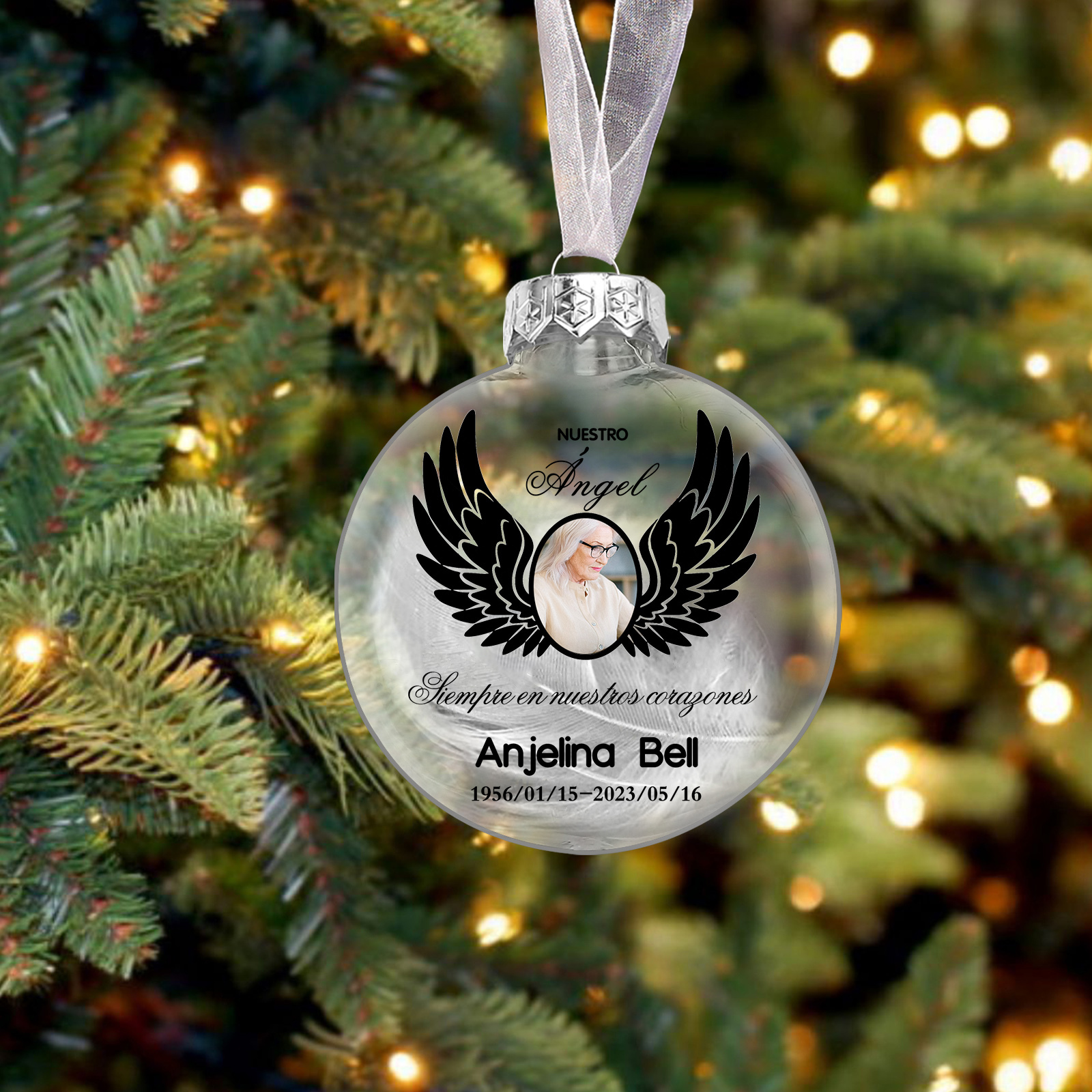 Bola navideña conmemorativa Adorno de Navidad 1 nombre, 1 foto y años personalizados con pluma -Jessemade ES
