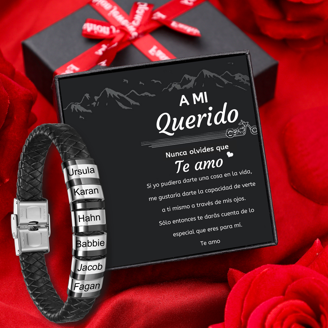 A mi querido-Pulsera de cuero trenzado de hombre con 6 perlas personalizadas con 6 nombres-Jessemade ES