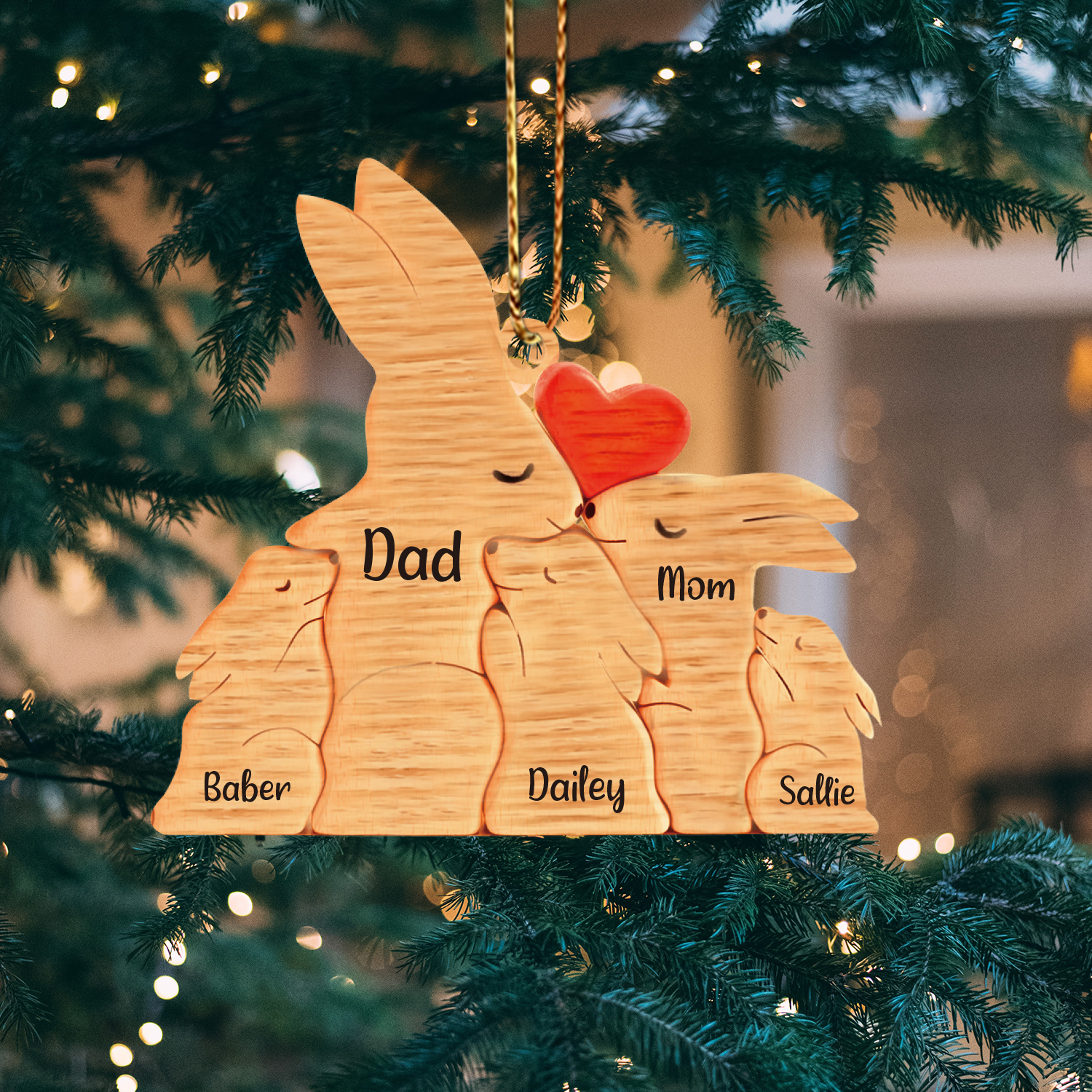 Navidad-Ornamento muñecos navideño de madera familia de conejos 5 nombres personalizados adorno del árbol-Jessemade ES