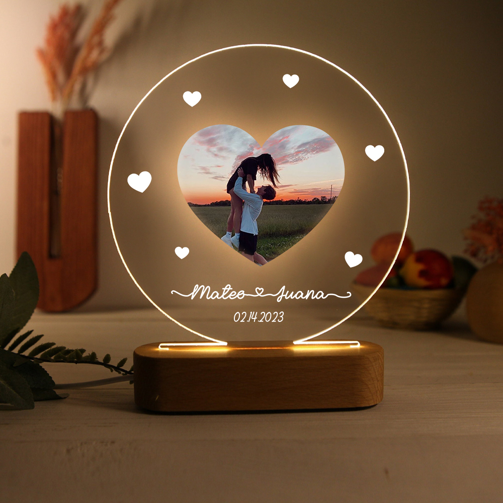 Lámpara para pareja 3D Ilusión Luz de Noche LED 2 nombres, fecha y foto personalizados -Jessemade ES