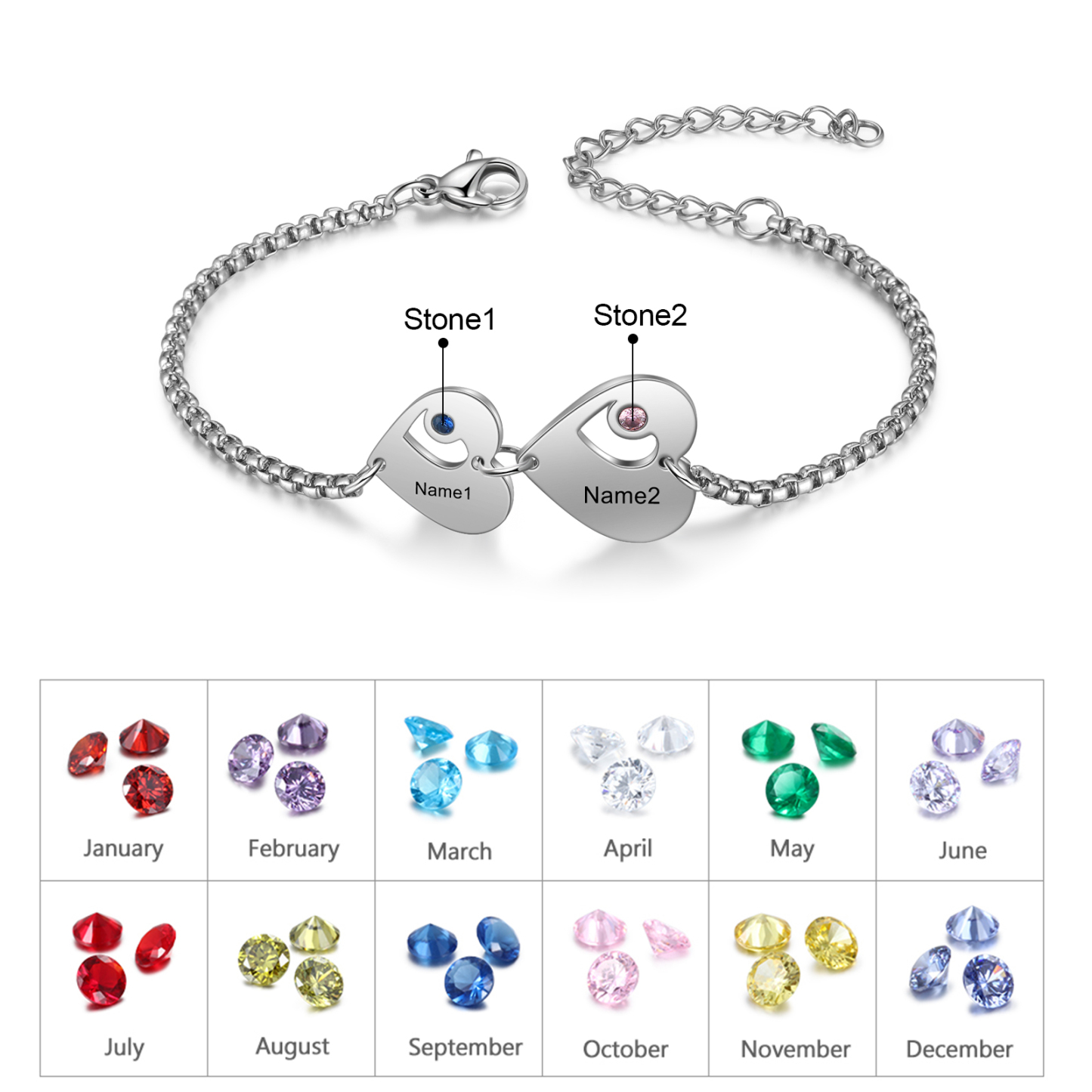 Pulsera de corazón personalizada con 2 nombres y 2 piedras de nacimiento-Jessemade ES