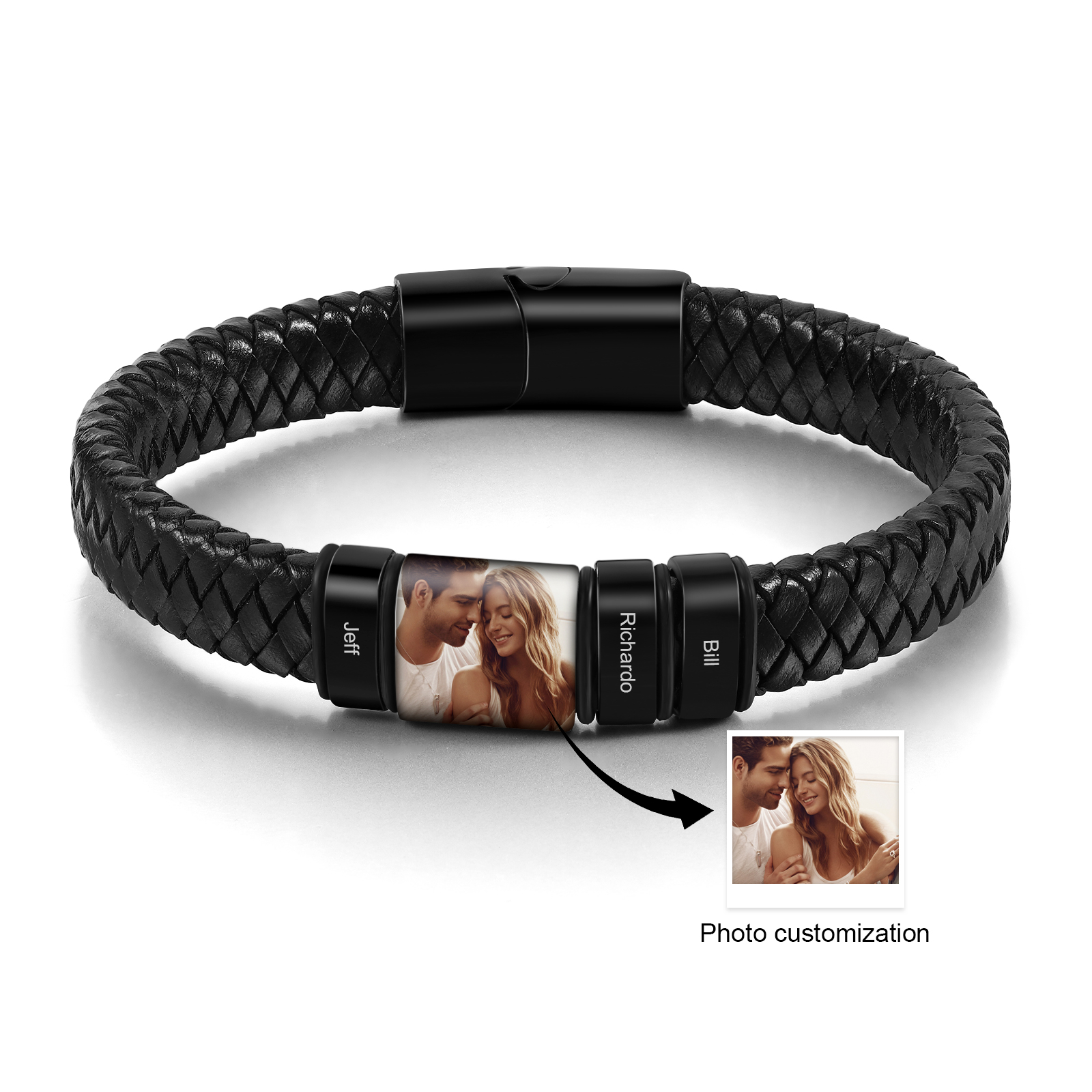 Pulsera de Cueros Trenzados Aros Personalizados de 2-4 Nombres y Placa de Foto-Jessemade ES
