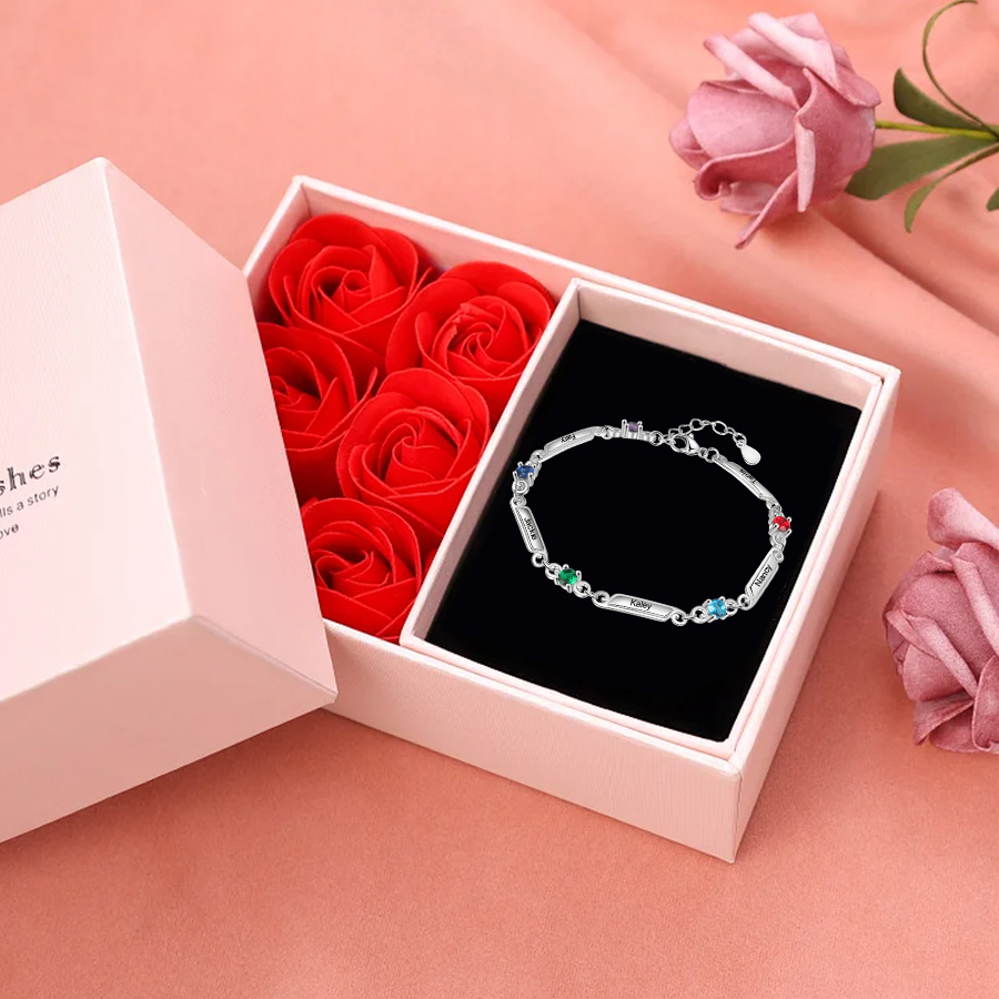 Pulsera de lazos y placitas personalizada de 5 nombres con 5 piedras de nacimiento-Jessemade ES