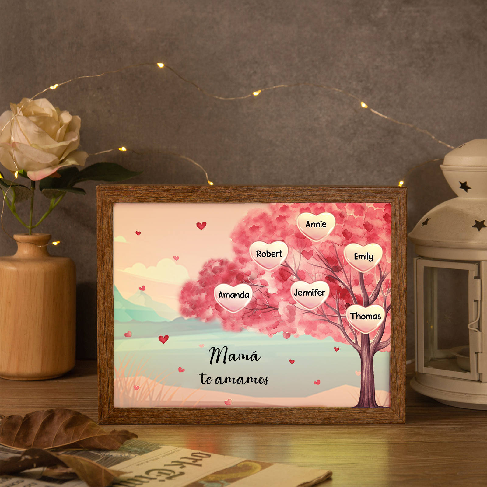 Marco con LED Árbol de la Vida 1-10 Nombres Personalizados con 1 Texto-Jessemade ES