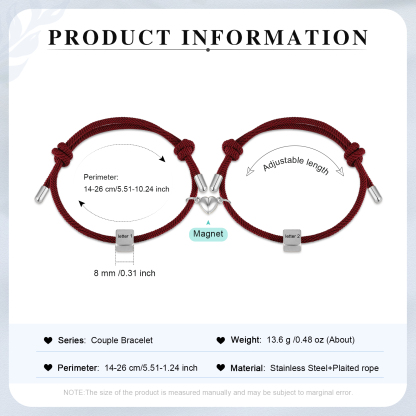 Pulseras de cuerda personalizadas para pareja con dije de corazón magnético grabado de dos letras-Jessemade ES