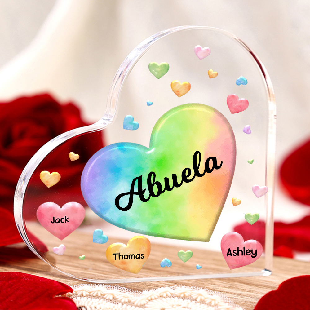 A mi mamá/abuela-Placa de acrílico "Corazones" en forma de corazón 3 nombres y 1 texto personalizados-Jessemade ES