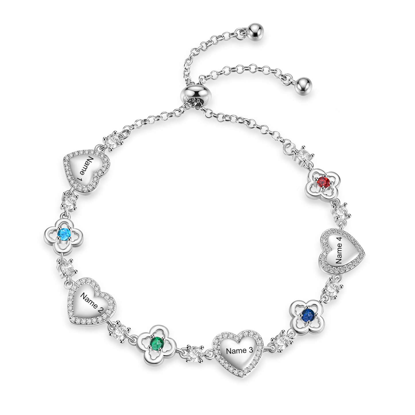 Pulsera personalizada de piedras de nacimiento con corazón y flores, personalizada con 2–5 nombres y piedras