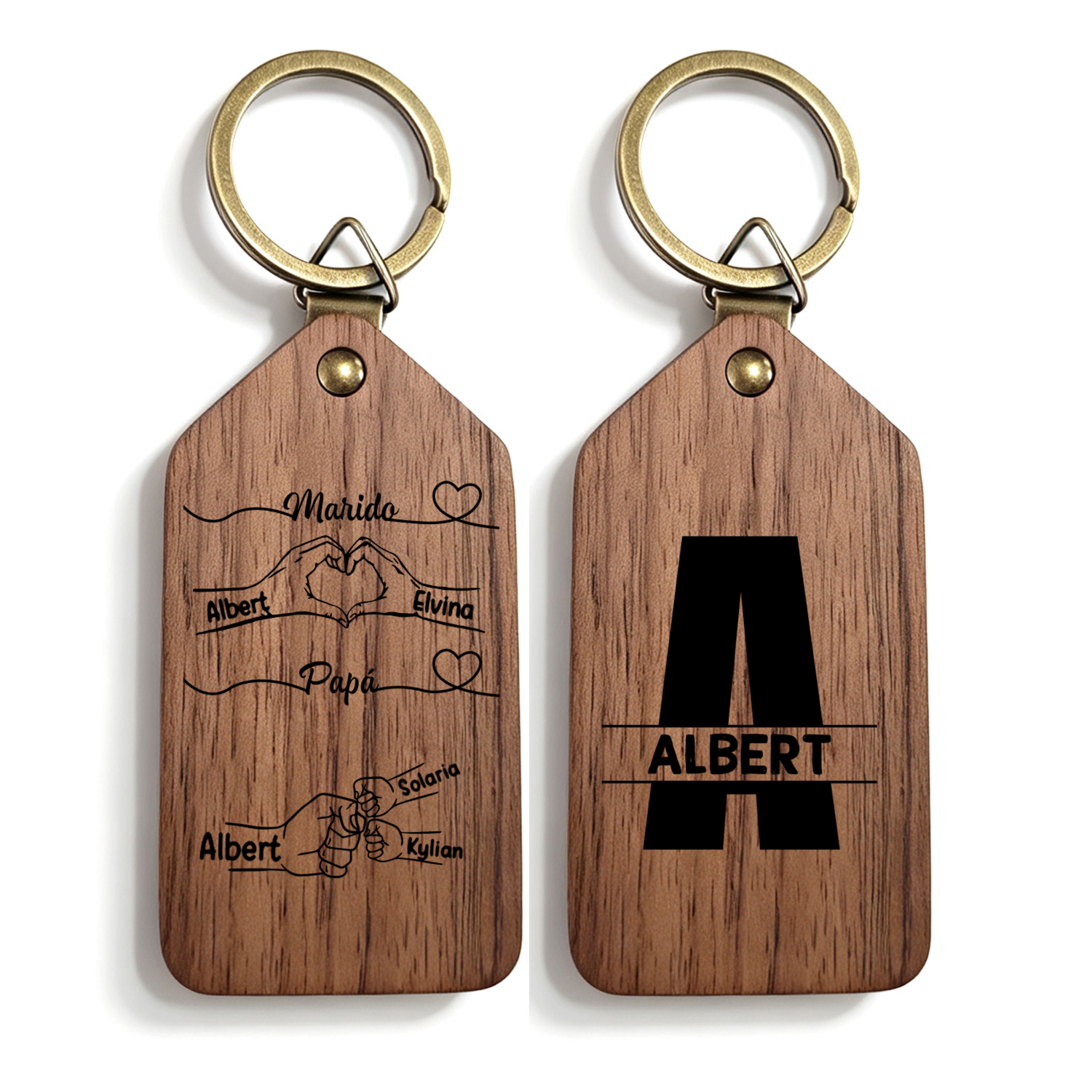 Llavero de madera personalizado con foto, de 2 a 9 nombres y puños para papá o marido