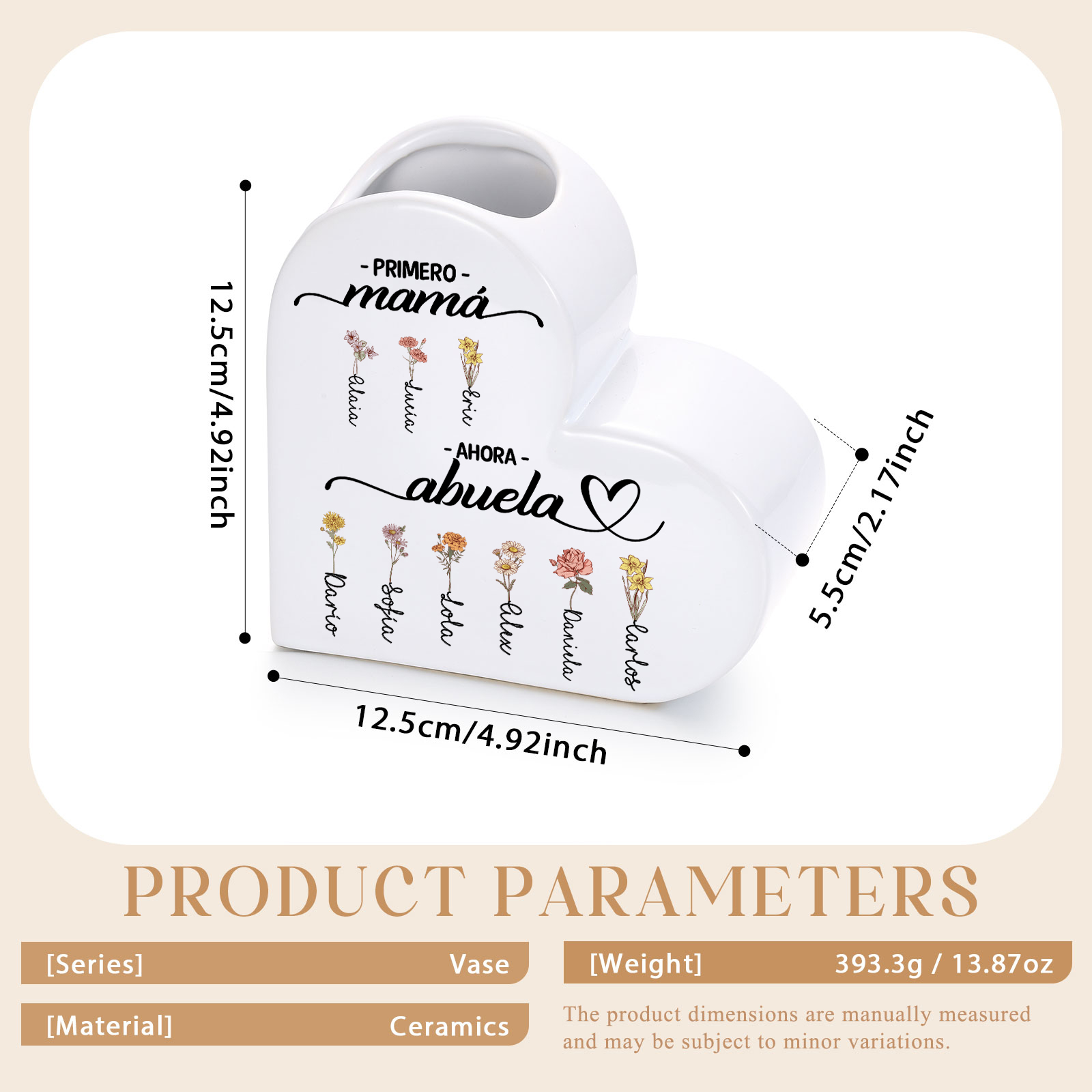 Jarrón de corazón de cerámica personalizado con 2 a 12 flores de nacimiento y nombre a elegir