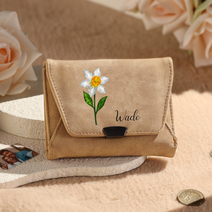 Cartera de cuero personalizada para mujer con flor de nacimiento y nombre
