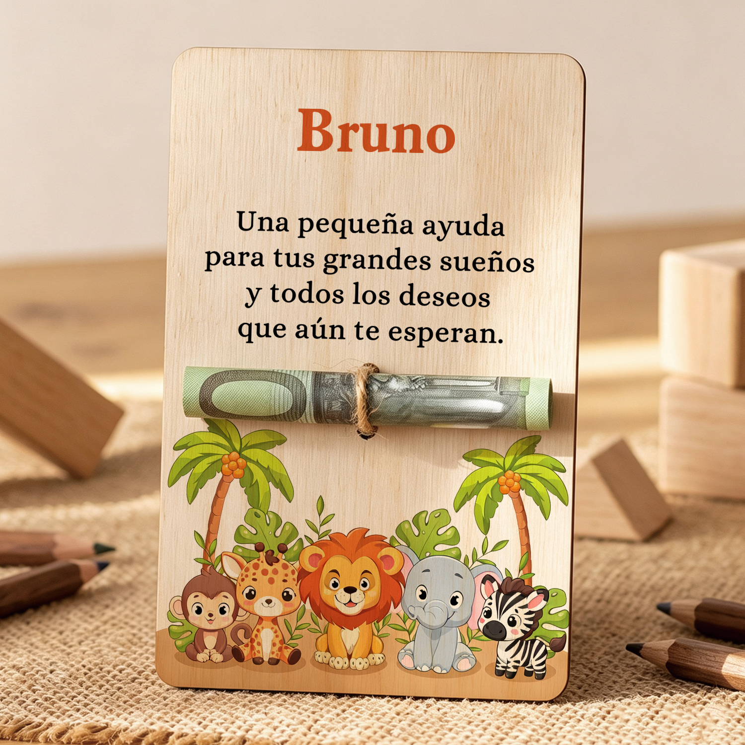 Tarjeta de madera personalizado con nombre – Regalo de cumpleaños infantil con diseño de animales
