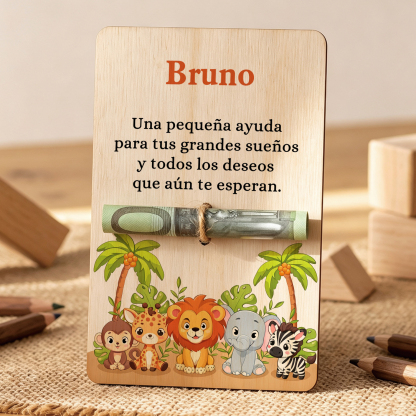 Tarjeta de madera personalizado con nombre – Regalo de cumpleaños infantil con diseño de animales