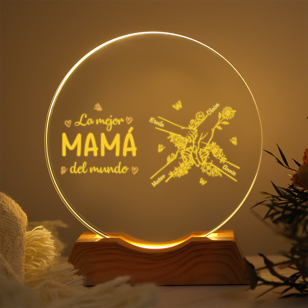 Lámpara de noche LED de cristal personalizada “La mejor mamá del mundo” con 2 a 7 nombres