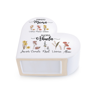 Jarrón corazón de cerámica personalizado con 2 a 10 nombres y flores de nacimiento, regalo para el Día de la Madre para la abuela y la mamá