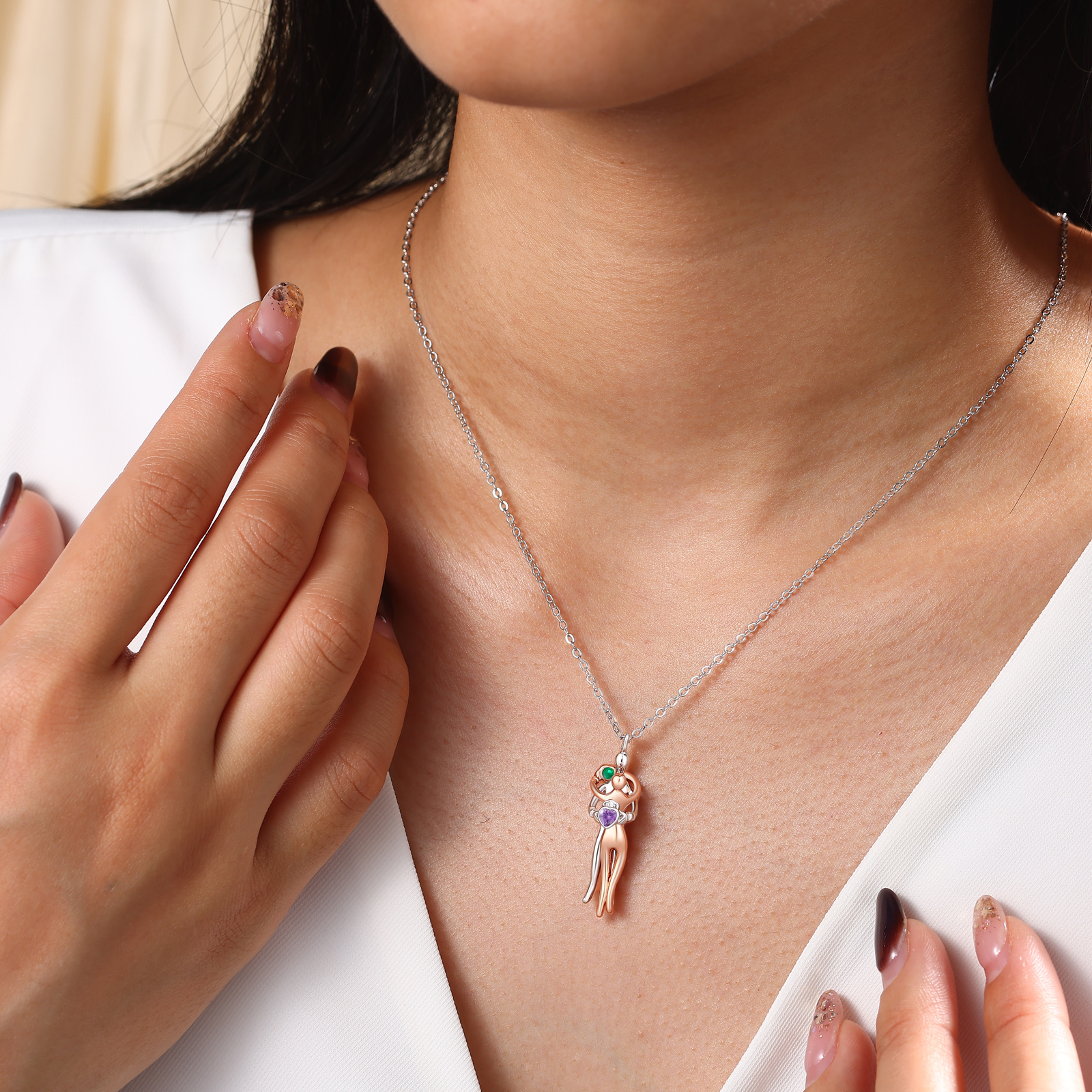 Collar de Pareja con Abrazo y Piedra de Nacimiento, colgante de corazón Bicolor para Mujer