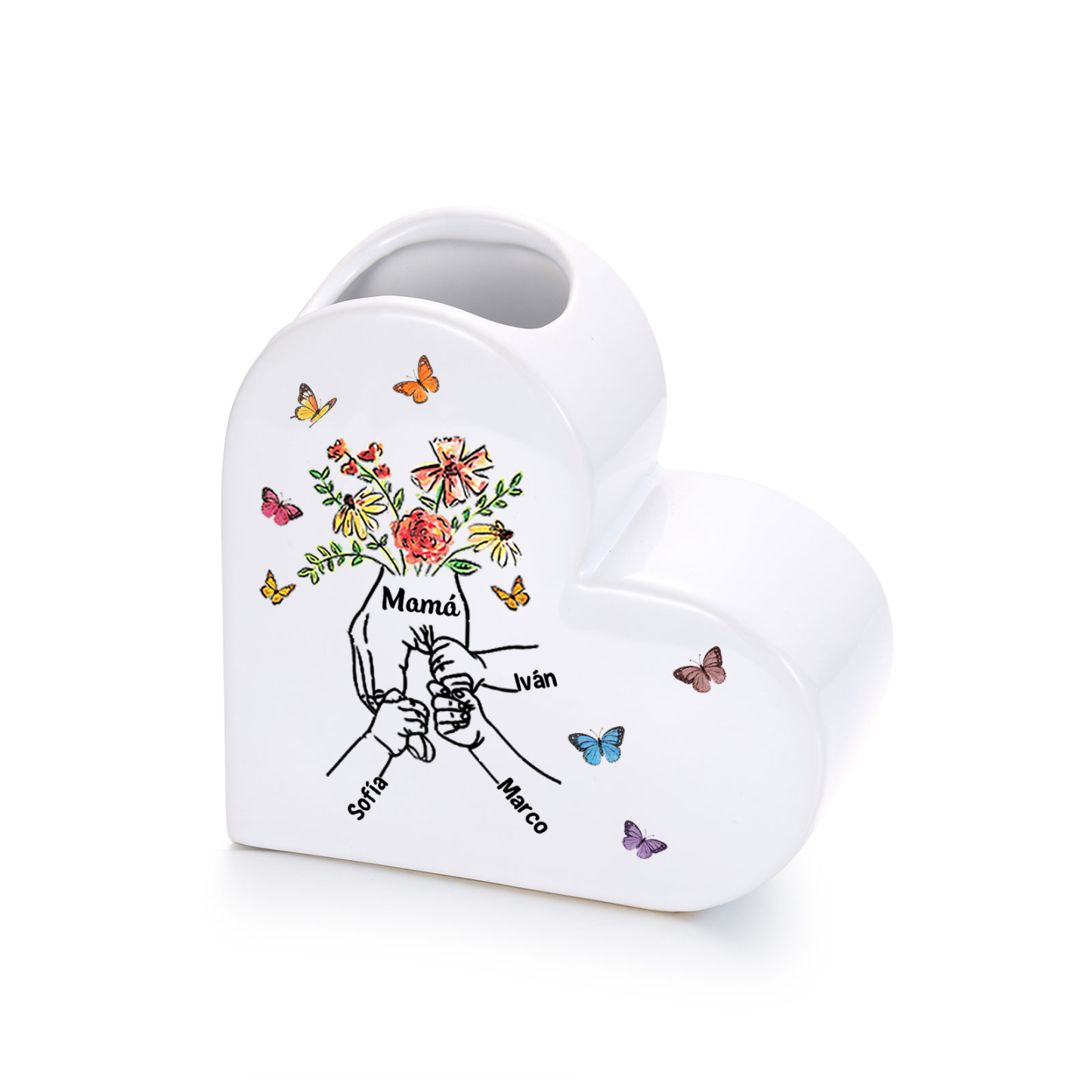 Jarrón corazón de cerámica personalizado (2–8 nombres), motivo «De la mano», regalo para mamá o abuela