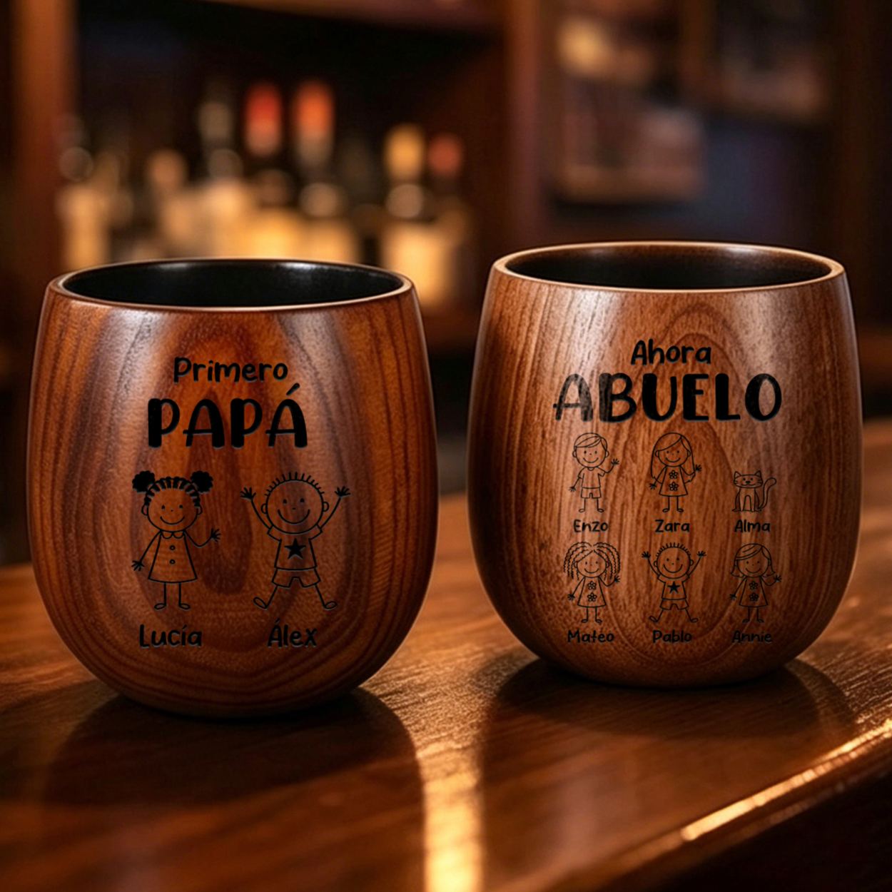 Vaso de whisky de madera personalizado para papá o abuelo, personalizado con 2 a 16 hijos y nombres