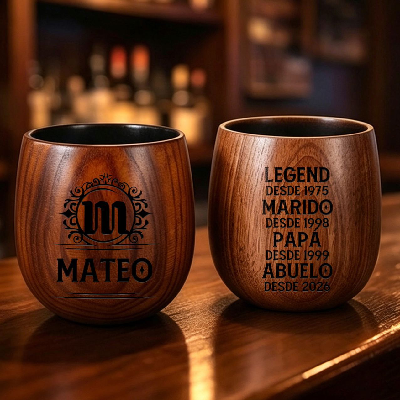 Vaso de whisky de madera personalizado con nombre grabado para papá o abuelo