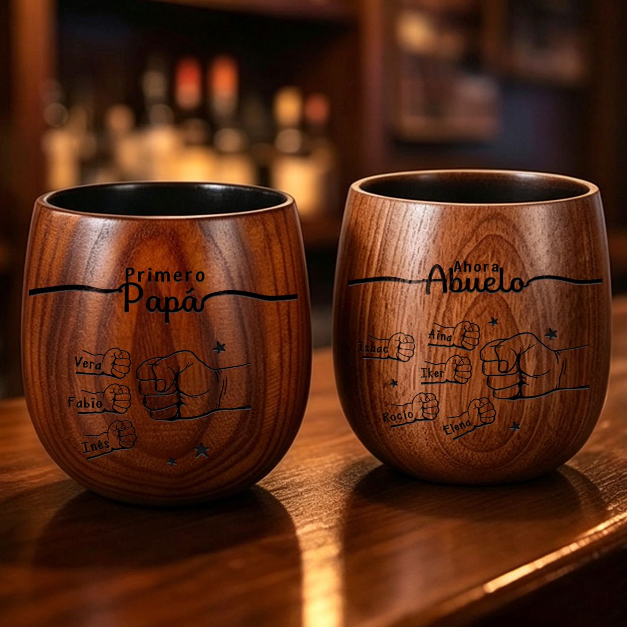 Taza de whisky de madera personalizada para papá o abuelo, personalizada con 2-12 nombres y choques de puños